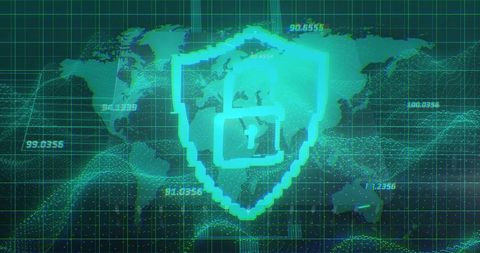 Cybersecurity Shield with Padlock Background on Digital World Map