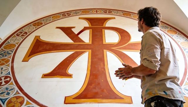 Muralist standing inspecting giant Chi Rho emblem in vaulted chapel, paint-stained hands