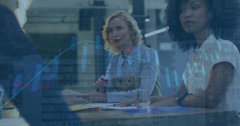 Business analytics meeting with diverse professionals and data visualizations
