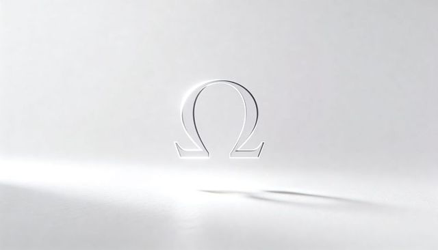 Floating omega symbol casting soft shadow on minimal white surface