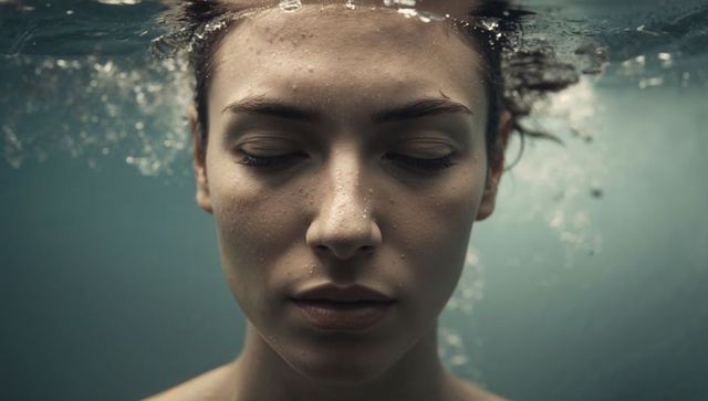 Serene underwater portrait woman floating at waterline with closed eyes and droplets