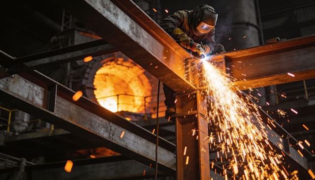 Welder grinding steel i-beam with angle grinder and flying sparks at glowing foundry furnace