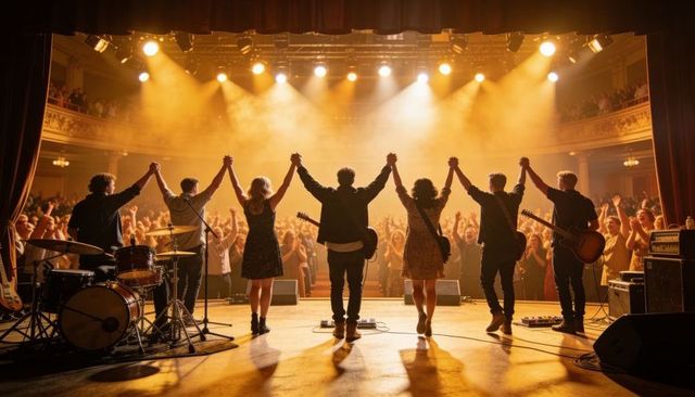 Band Bowing to Roaring Crowd on Theater Stage with Warm Backlighting