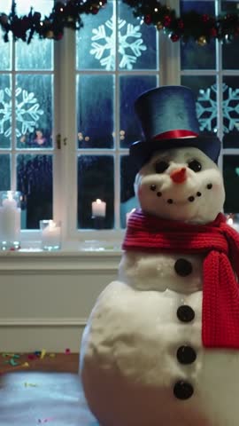 Vertical pan revealing handcrafted snowman with top hat and red scarf in cozy holiday scene