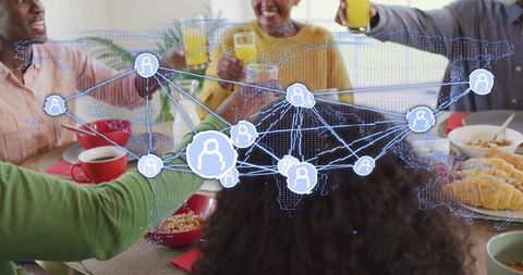 Toasting Multigenerational Family at Brunch with Raising Glasses and Digital Network Overlay