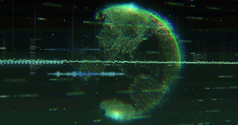 Digital point-cloud globe with glitch effects for futuristic tech visualization