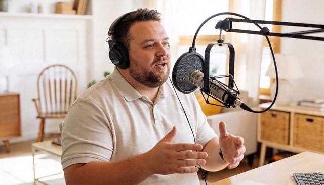 Male podcaster talking and gesturing in home studio with professional mic and headphones