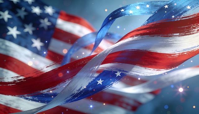 Dynamic twisting american flag ribbons with stars and stripes bokeh, patriotic energy