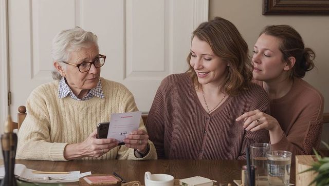 Multigenerational women reviewing bill on smartphone at cozy dining table, budgeting