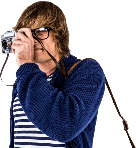 Hipster Photographer Holding Vintage Camera on Transparent Background - Download Free Stock Videos Pikwizard.com