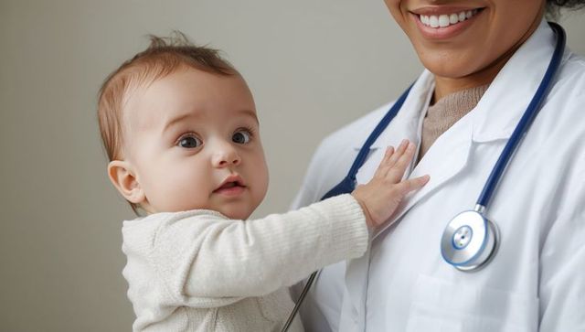 Smiling doctor holding infant against white coat with stethoscope pediatric care bonding