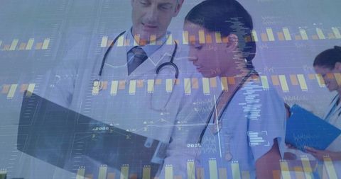 Doctors Discussing Patient Chart with Healthcare Data Aesthetic