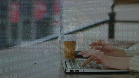 Woman Typing on Laptop with Digital Overlay for Global Data Analysis