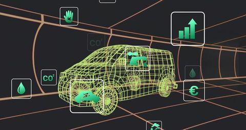 Neon wireframe SUV navigating digital tunnel with floating analytics HUD and UI icons