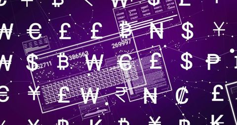 Global currency symbols on digital data background
