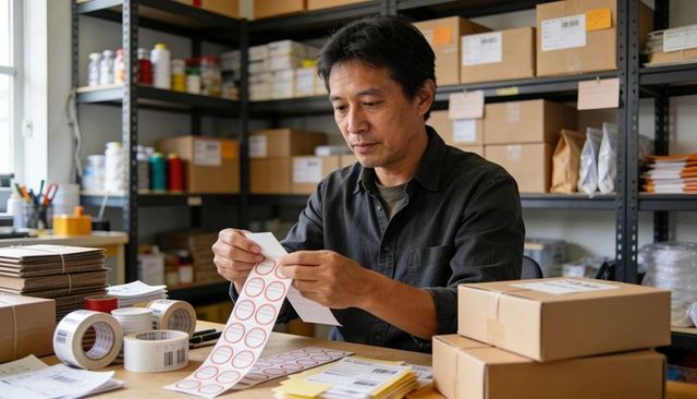 Peeling round labels and preparing small business orders at orderly packing workstation