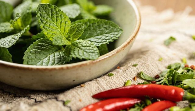 Fresh mint sprigs in ceramic bowl with red chili peppers on rustic linen