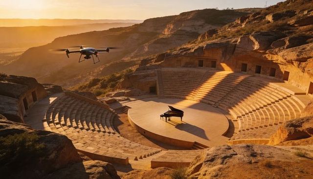 Drone hovering above sandstone amphitheater, grand piano casting shadow at golden sunset
