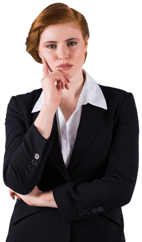 Confident Businesswoman Standing with Hand on Chin on Transparent Background