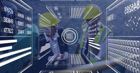 Construction workers utilizing digital data overlays on building site