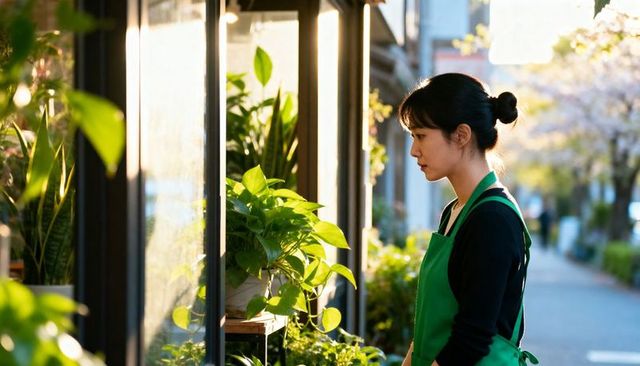 Asian florist arranging potted houseplants at sunlit storefront window