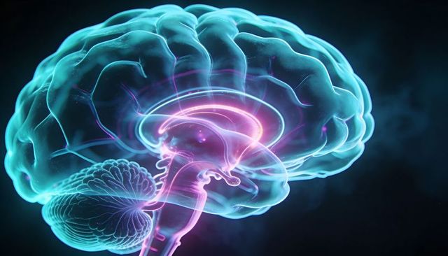 Translucent Glowing Human Brain Highlighting Corpus Callosum, Neural Tracts and Synapses