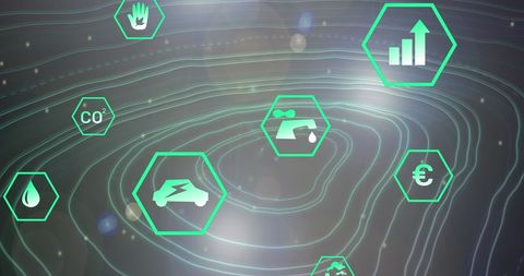 Futuristic Renewable Energy Icons over Digital Wave Patterns - Download Free Stock Images Pikwizard.com