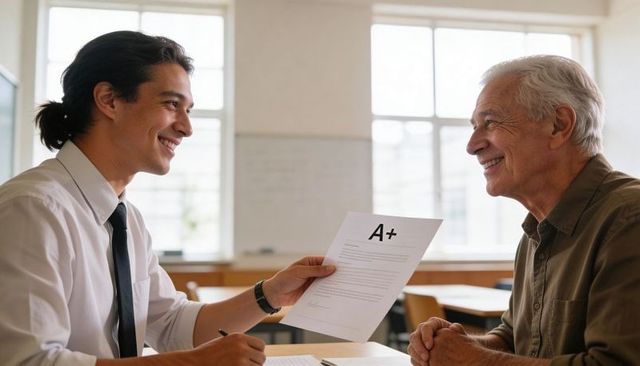 Smiling young teacher handing A+ graded paper to happy senior student in tutoring session