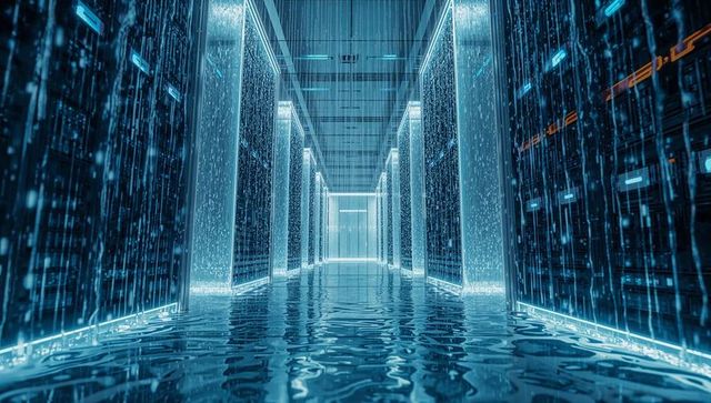Flooded Data Center Corridor Glowing Cyan with Streaming Particles and Reflective Water