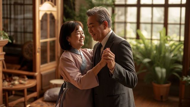 Dancing senior couple in cozy parlor wearing suit and traditional dress, nostalgic romance