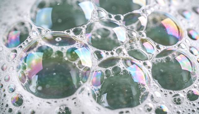 Shimmering soap bubbles forming iridescent honeycomb pattern over soapy surface