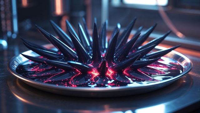 Ferrofluid spikes illuminated by red light on laboratory metal plate