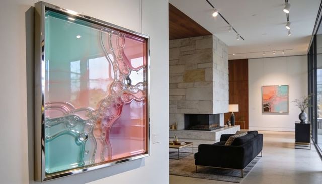 Square glossy resin abstract artwork with chrome frame in modern gallery lounge interior