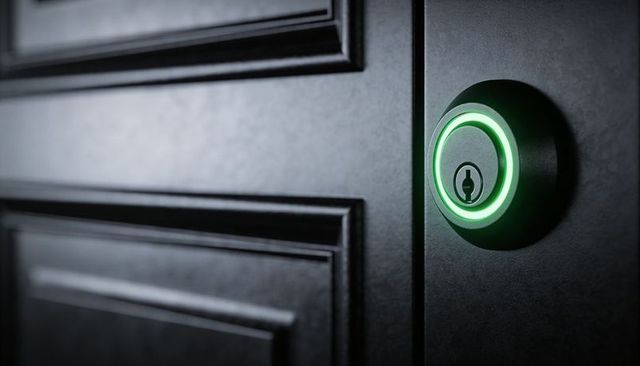 Sleek smart deadbolt with green led ring on black paneled entry door for home security