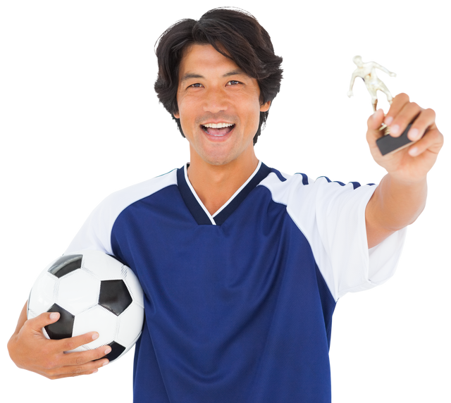 Happy Soccer Player Holding Trophy and Ball Facing Forward Transparent Background - Download Free Stock Videos Pikwizard.com