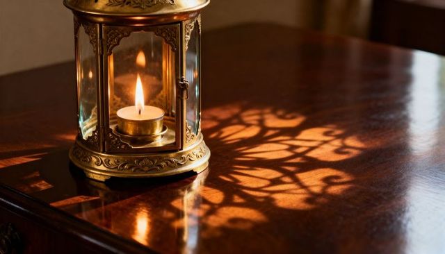 Ornate brass lantern casting filigree shadow across polished wooden table