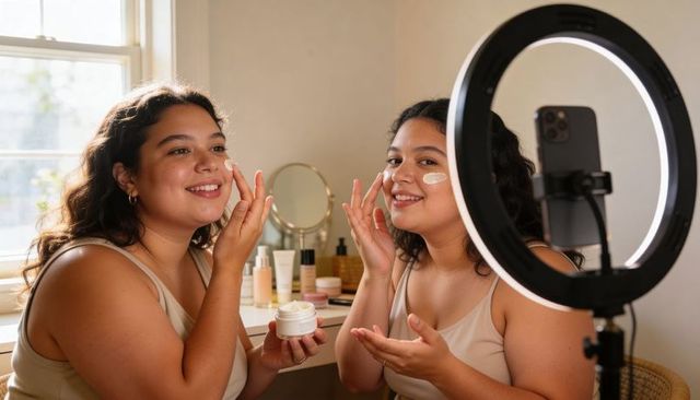 Hispanic influencer applying skincare cream at vanity using ring light and phone