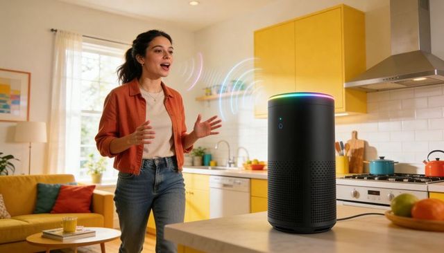 Woman speaking to smart speaker in bright kitchen using voice control for hands-free help