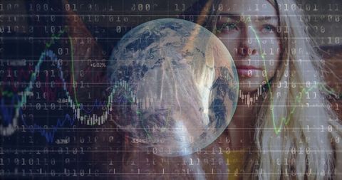 Woman Interacting With Digital Globe and Market Analytics