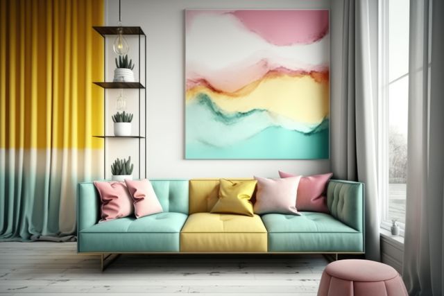 Yellow and pastel green retro sofa, cushions and painting, created using generative ai technology. Interior design, feminine, pastel colours vintage home decoration concept digitally generated image.