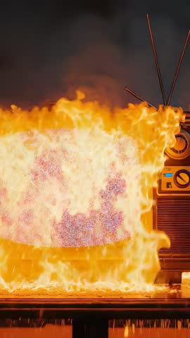 Vintage TV Burning in Studio Vertical Video Static Spark Flames Consuming Retro Set