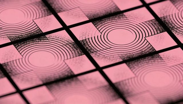 Abstract pink geometric grid with concentric ring motifs and halftone texture close-up