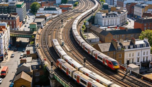 Curved elevated railway with passing commuter trains and motion blur in sunny urban streetscape