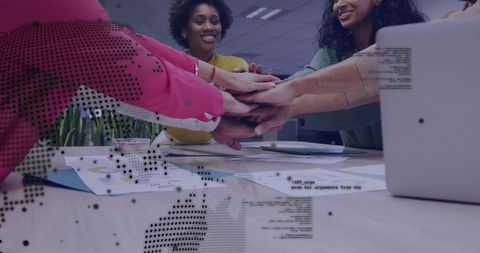 Team Building with Digital Data Overlay in Modern Office