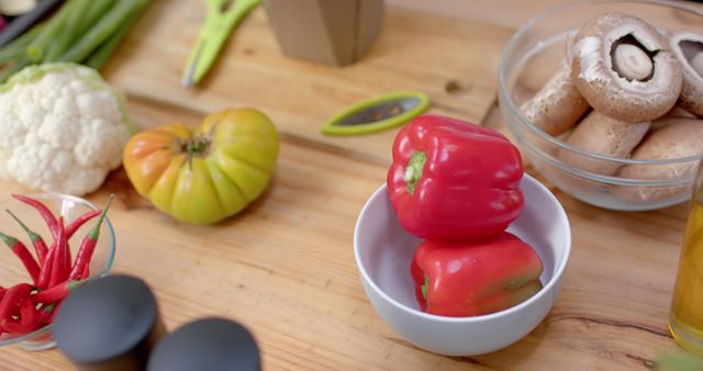 Fresh Vegetables and Ingredients on Wooden Kitchen Table - Download Free Stock Images Pikwizard.com