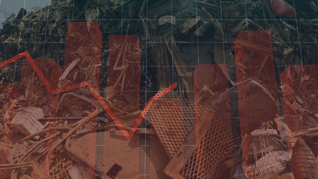 Illustration shows economic downtrend with red arrow and bar graph overlay on industrial waste piles. Useful for presentations on financial decline, environmental impact of industrial waste, and economic forecasting.