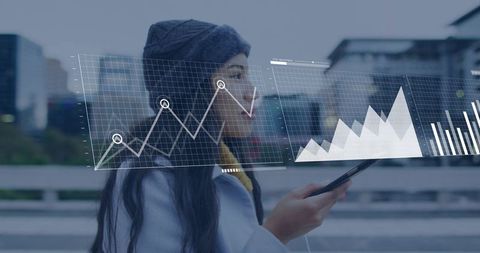 Woman Using Smartphone Viewing Augmented Reality Data Charts on City Bridge with Earbuds