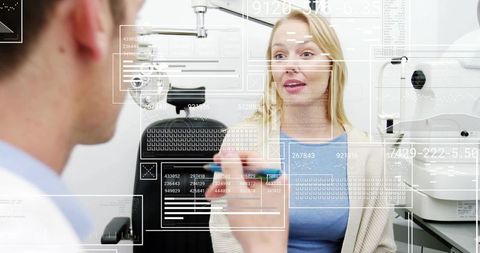 Woman undergoing eye exam, doctor holding occluder, digital hud overlay