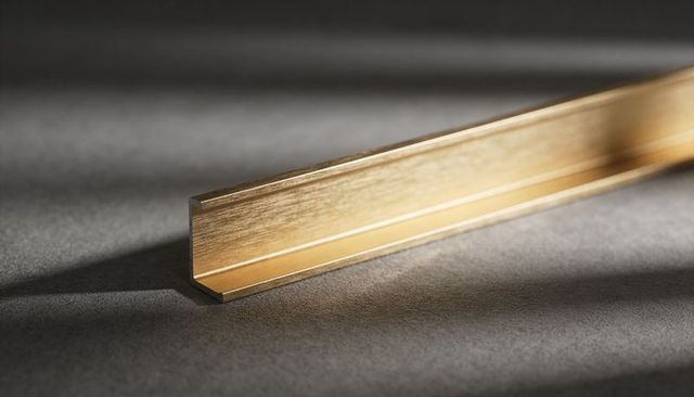 Brushed gold l-angle trim closeup with bold diagonal shadows for modern interior accent