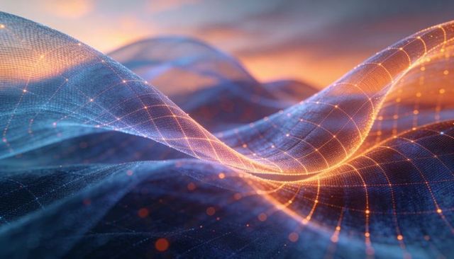 Glowing mesh wave network flowing over digital landscape with luminous nodes and filaments